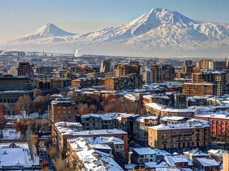 A winter view of Yerevan, Armenia, with the backdrop of Masis (Mount Ararat).